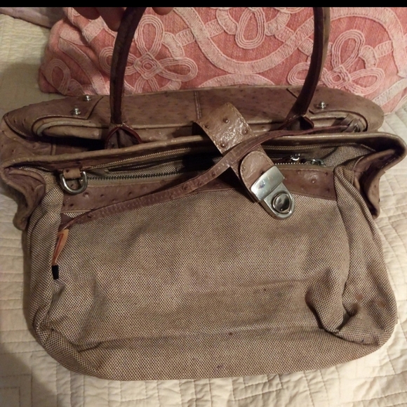 Vintage Limited Dooney & Bourke Camel/Taupe Ostrich Leather Satchel-Tote Handbag - Picture 6 of 12